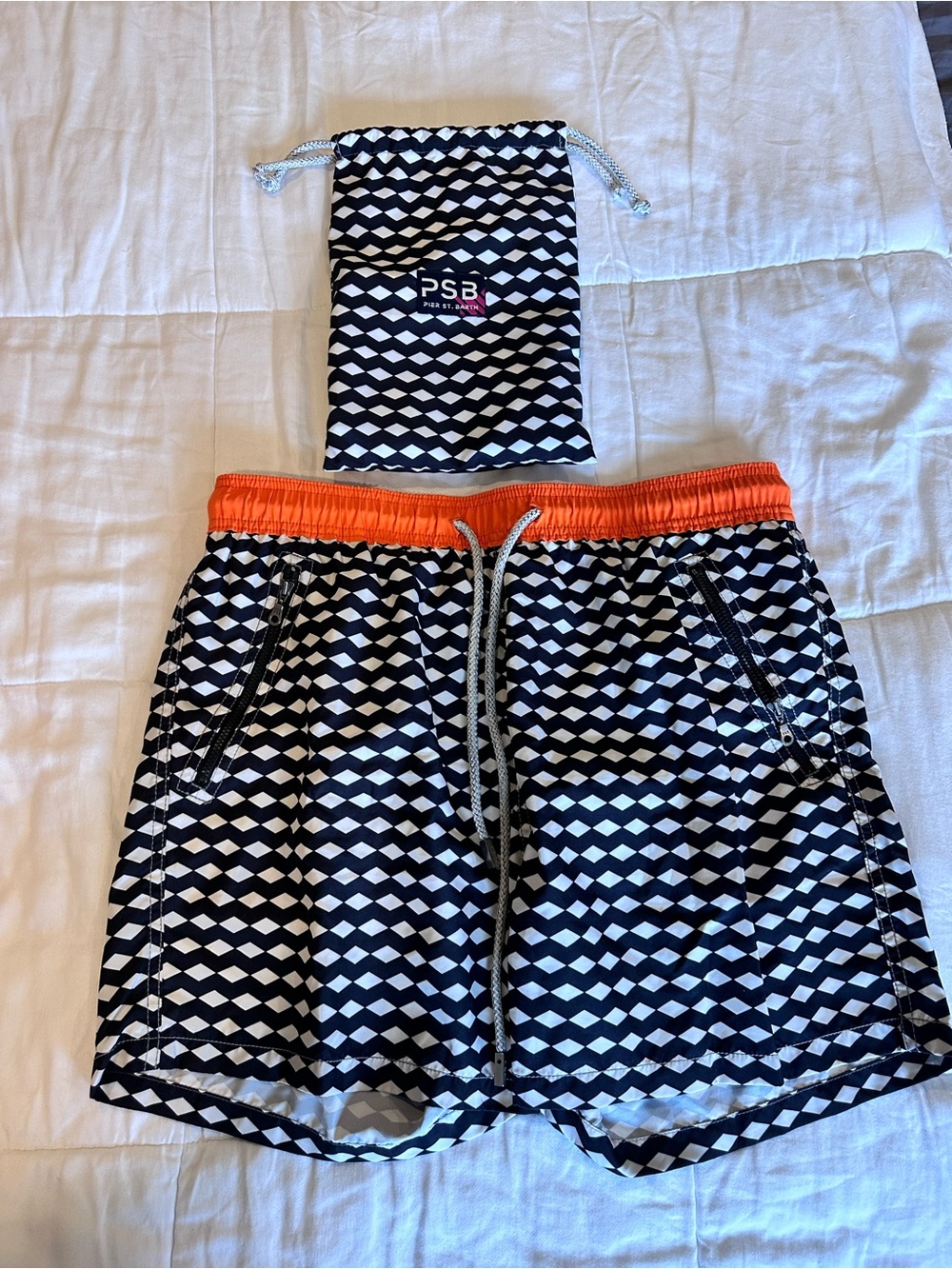 Men's Black & White Geo Swim Trunks with Orange Waistband